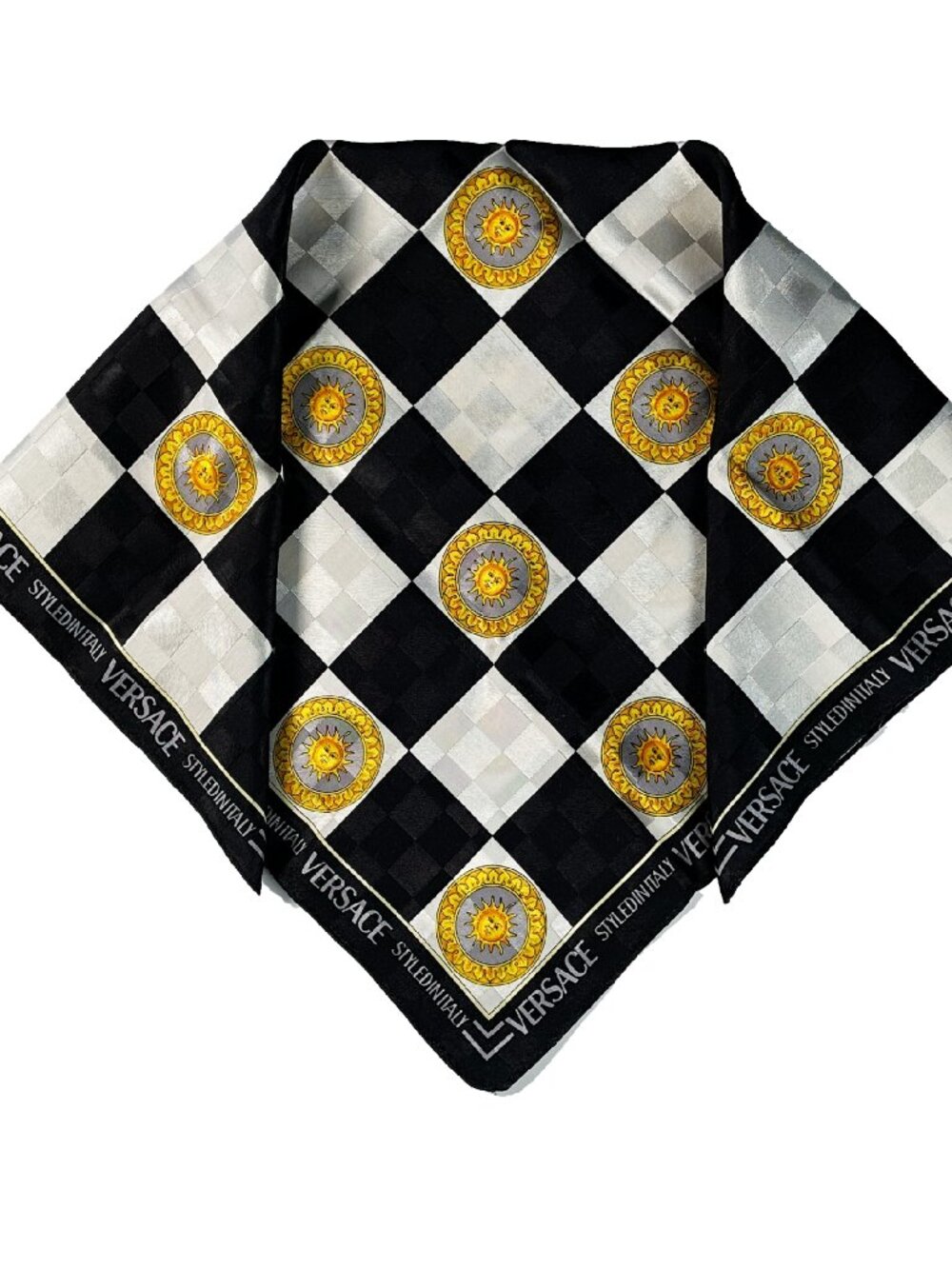 Versace Vintage Checkerboard Sun Print Scarf Black White Gold - Picture 4 of 13